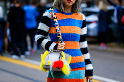 atmosphere details, beige, beige bag, blue, detail, fashion week, fendi, frenchystyle, fur bag, FW, geometric, horizontal, jonathan paciullo, leather bag, MFW, MILAN, multicolor bag, multicolor sweater, orange, printed sweater, red, SPRING SUMMER 2017, SS 17, street style, striped sweater, stripes, turquoise, white, yellow, yellow fur