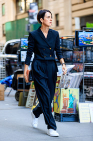 black jacket, black pants, blazer, fashion week, frenchystyle, full length, FW, jonathan paciullo, NEW YORK, NYFW, silk pants, SPRING SUMMER 2018, SS 18, street style, tone on tone, total look black, trousers, tucked in, vertical, white sneakers