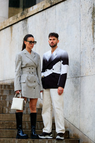 alice & j.s, alice barbier, JS roques, light beige dress, light beige jacket, jacket dress, belted dress, belted jacket, white leather bag, black leather boots, hand bag, flat boots, big sole boots, high boots, green sunglasses, butterfly sunglasses, golden earrings, hoop earrings, navy blue jacket, tie and dye jacket, white jacket, striped jacket, white jeans, margiela jacket, dark grey jacket, fashion week, frenchystyle, FW, jonathan paciullo, street style, PFW, PARIS, vertical, full length