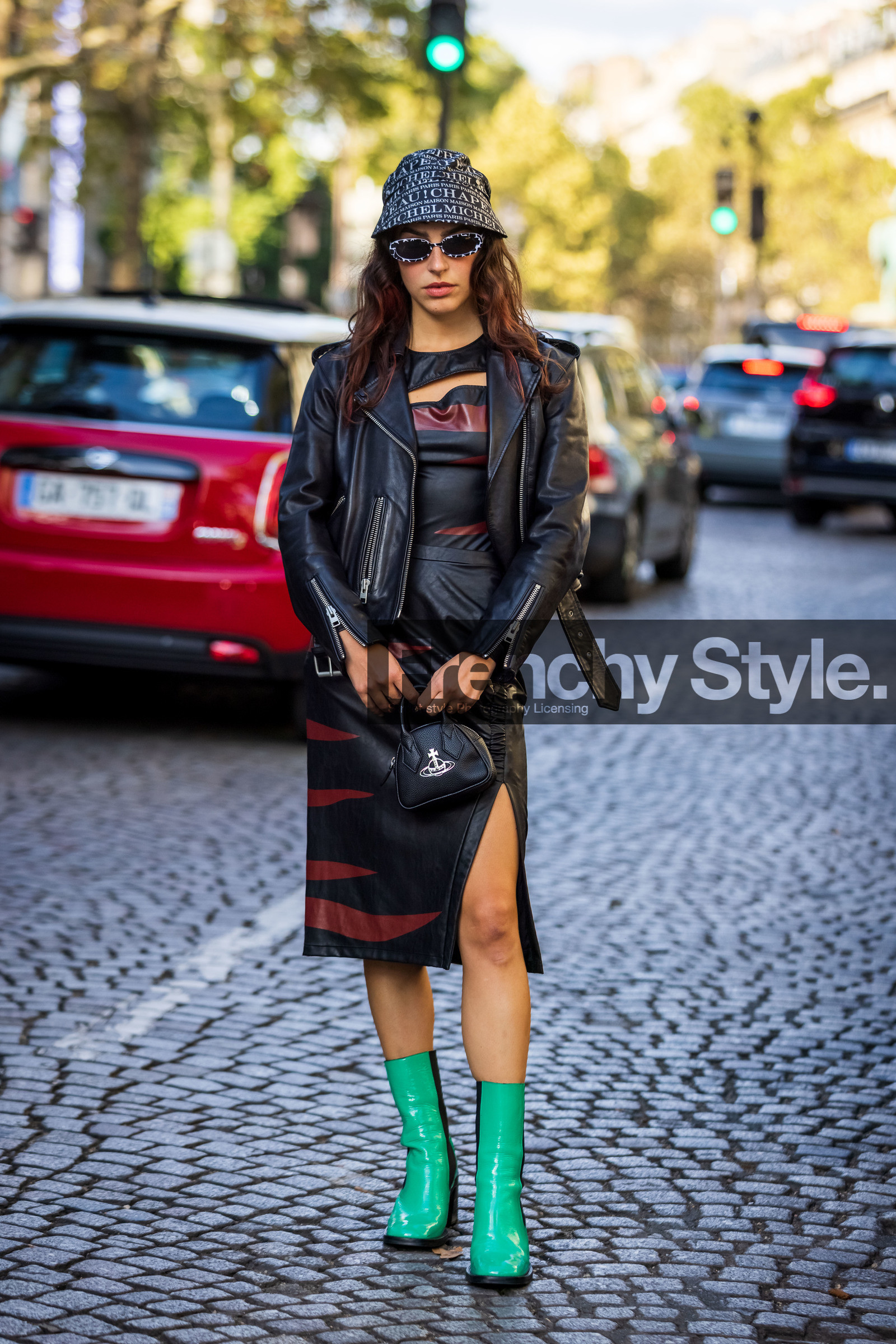 animal print, bag, Barbara Malewicz, black and white sunglasses, black bag, black bob, black dress, black perfecto, bob, boots, dress, green boots, leather bag, leather boots, leather dress, leather perfecto, maison michel hat, perfecto, print, printed bob, printed dress, sunglasses, street style, jonathan paciullo, FW, frenchystyle, fashion week, PFW, PARIS, SPRING SUMMER 2022, SS 22, vertical, full length