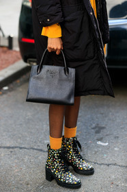 model, black leather bag, black coat, down jacket, yellow socks, floral printed boots, low boots, kitten heels boots, laced boots, prada bag, hand bag, fashion week, frenchystyle, FW, jonathan paciullo, street style, AUTUMN WINTER 2020-2021, FALL WINTER 2020-2021, FW 20-21, vertical, atmosphere details, detail, NYFW, NEW YORK