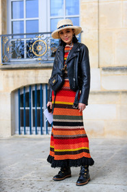 black bag, black jacket, black perfecto, black shoes, christian dior, graphic dress, knit dress, leather bag, leather jacket, leather perfecto, leather shoes, orange dress, printed dress, straw hat, striped dress, fashion week, frenchystyle, FW, jonathan paciullo, street style, PFW, PARIS, AUTUMN WINTER 2018-2019, FALL WINTER 2018-2019, FW 18-19, vertical, full length