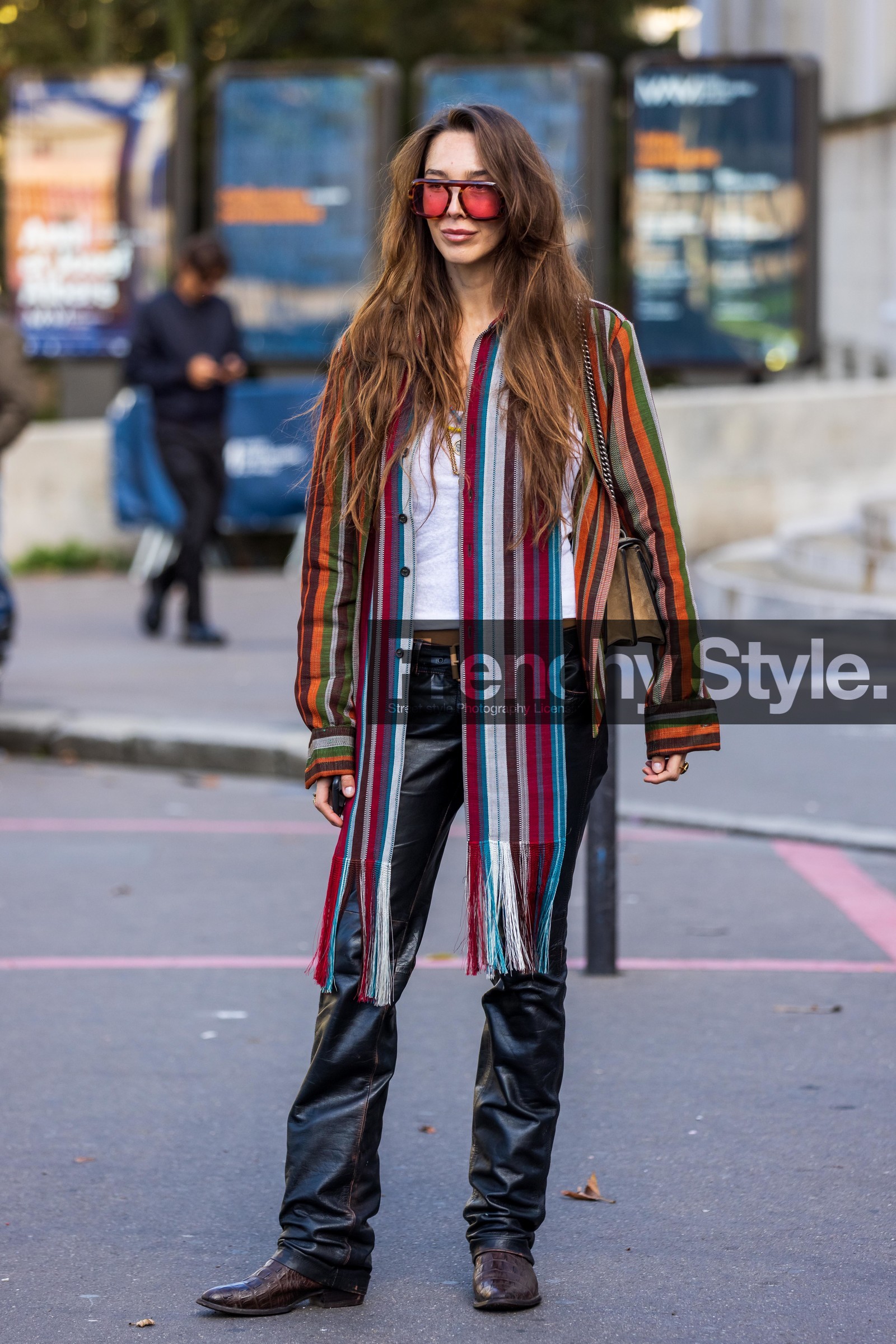 asymetrical shirt, aviator, beige bag, belt, black belt, boots, brown boots, brown santiags, color, croco boots, Estelle Chemouny, fringes, gold necklace, gucci bag, leather belt, leather boots, leather pants, multicolor, necklace, pants, print, printed bag, ring, santiags, scarf, shirt, stacking necklace, striped shirt, stripes, sunglasses, tortoise sunglasses, white t-shirt, fashion week, frenchystyle, FW, jonathan paciullo, street style, PFW, PARIS, SPRING SUMMER 2022, SS 22, vertical, full length