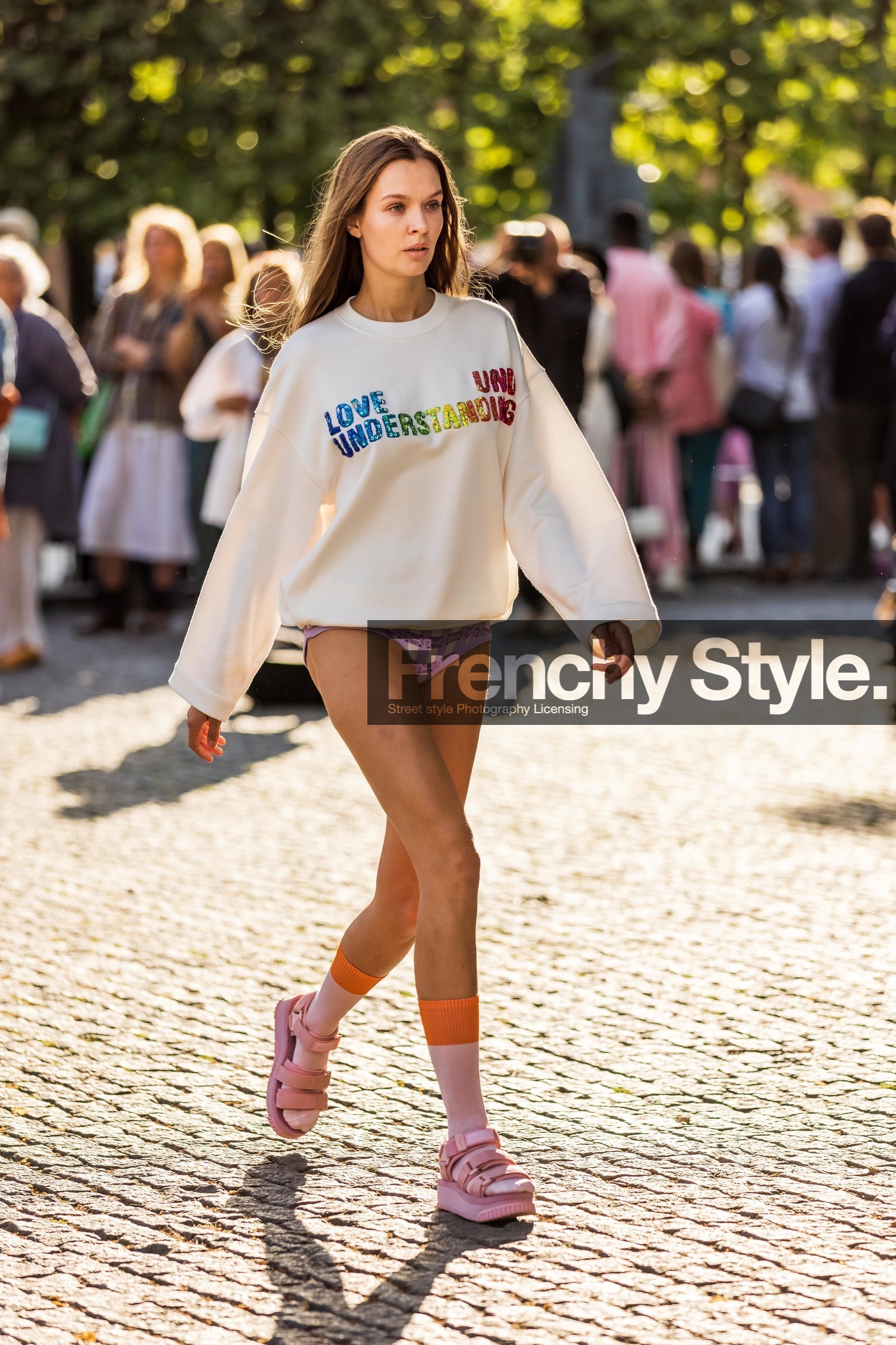 checked panties, color, colored sock, panties, pink panties, pink sandals, print, printed panties, printed sweatshirt, sandals, sock, sweatshirt, white sweatshirt, Josephine Skriver, fashion week, frenchystyle, FW, jonathan paciullo, street style, SPRING SUMMER 2022, SS 22, COPENHAGEN, CPHFW, vertical, full length