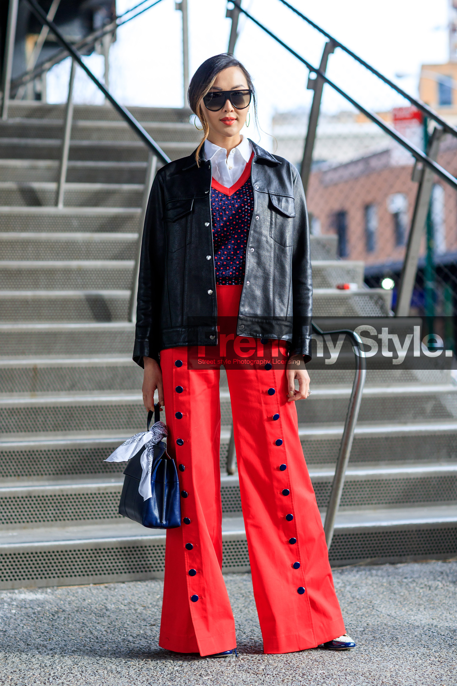 AUTUMN WINTER 2017-2018, AW 17-18, bandana, black bag, black jacket, blue bag, blue sweater, Chriselle Lim, FALL WINTER 2017-2018, fashion week, frenchystyle, full length, FW, FW 17-18, jonathan paciullo, leather bag, leather jacket, NEW YORK, NYFW, printed sweater, red lips, red pants, street style, sunglasses, trousers, vertical, white shirt