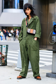 animal print, brown boots, fashion week, frenchystyle, full length, FW, green jumpsuit, jonathan paciullo, leather bag, model, NEW YORK, NYFW, printed bag, rina fukushi, SPRING SUMMER 2018, SS 18, street style, trousers, vertical, zebra