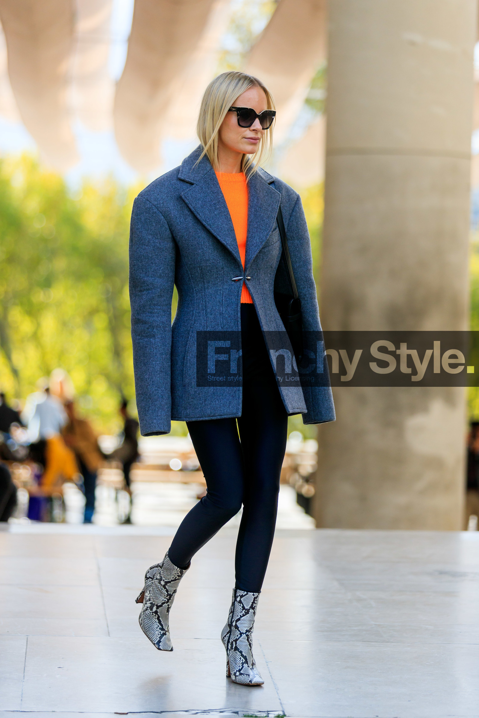 thora valdimars, acne studios jacket, dark grey jacket, oversize jacket, orange pullover, marc jacobs sunglasses, animal skin boots, light beige leather boots, low boots, high heels boots, squared toed shoes, fashion week, frenchystyle, FW, jonathan paciullo, street style, SPRING SUMMER 2020, SS 20, PFW, PARIS, vertical, full length