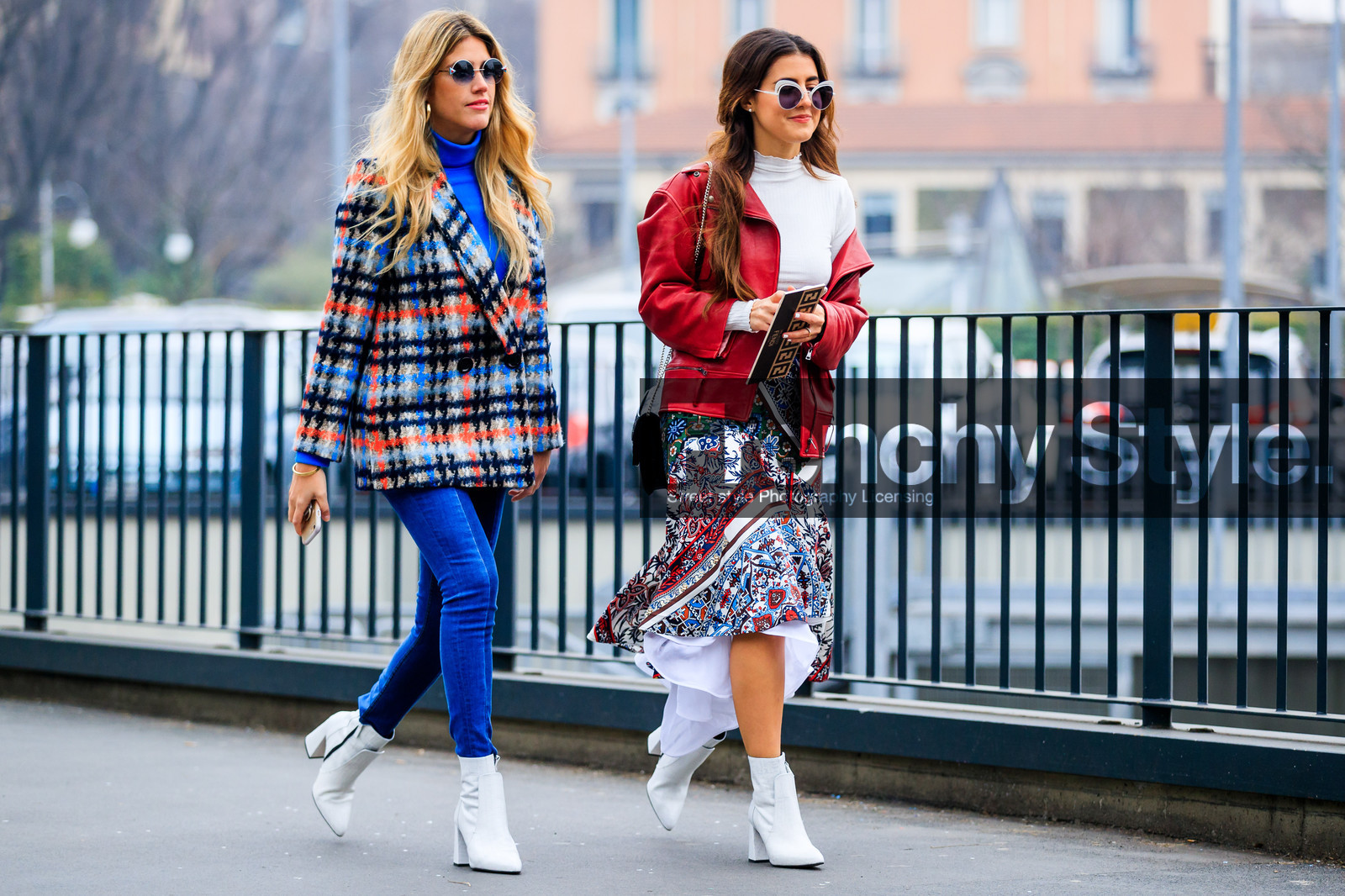 atmosphere details, AUTUMN WINTER 2017-2018, AW 17-18, blazer, blue denim, blue sweater, checked jacket, denim pants, FALL WINTER 2017-2018, fashion week, frenchystyle, full length, FW, FW 17-18, high heels, horizontal, jeans, jonathan paciullo, leather jacket, leather perfecto, leather shoes, MFW, MILAN, plaid, printed skirt, red jacket, street style, sunglasses, trousers, turtleneck sweater, white boots, white sweater