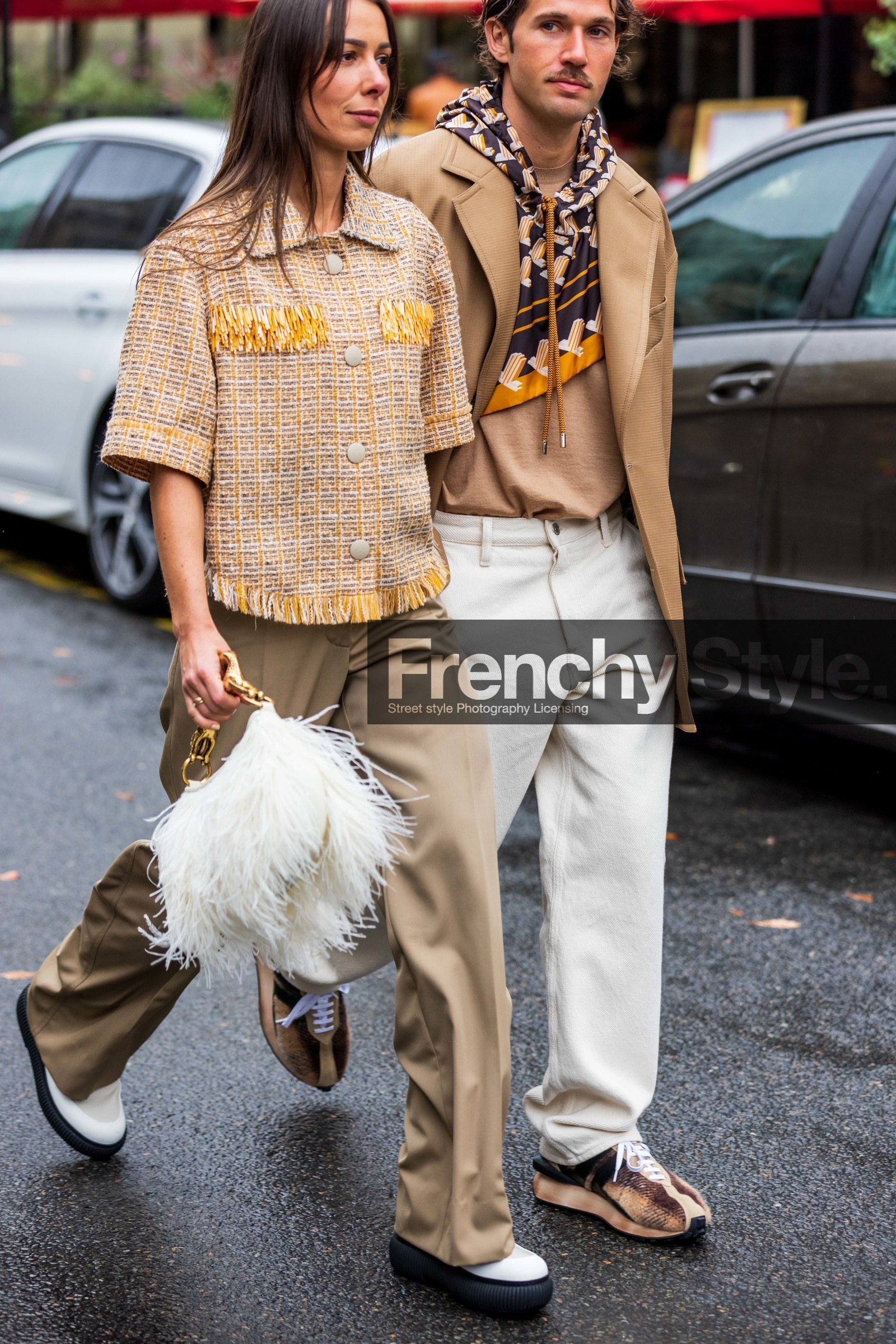 Alice Barbier, bag, beige pants, beige shirt, flare pants, fluid pants, fringes, lanvin bag, pants, printed shirt, shirt, white bag, white boots, yellow shirt, beige blazer, beige sneakers, blazer, brown scarf, denim, Jean Sebastien Roques, lanvin look, large pants, menswear, orange scarf, pants, print, printed scarf, scarf, sneakers, white denim, white pants, fashion week, frenchystyle, FW, jonathan paciullo, street style, PFW, PARIS, SPRING SUMMER 2022, SS 22, vertical, atmosphere details