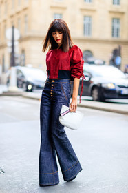 blue denim, denim pants, Evangelie Smyrniotaki, fashion week, flare jean, frenchystyle, full length, FW, high waist, jeans, jonathan paciullo, leather bag, PARIS, PFW, red jacket, SPRING SUMMER 2017, SS 17, street style, trousers, vertical, white bag