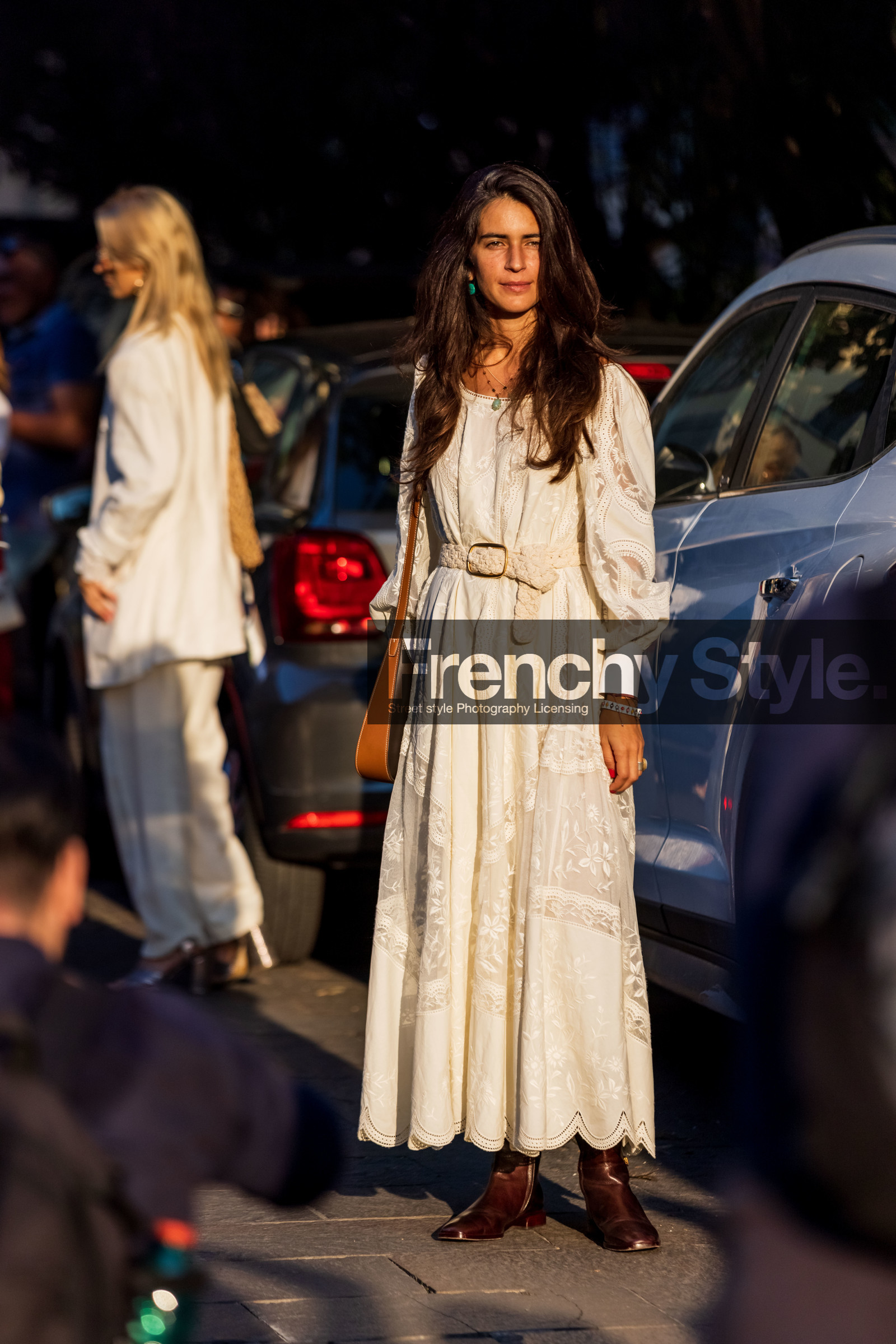 bohemian, boots, brown bag, brown boots, Chiara Totire, crochet, crochet belt, dress, embroidery, leather bag, leather boots, white belt, white dress, fashion week, frenchystyle, FW, jonathan paciullo, street style, MFW, MILAN, SPRING SUMMER 2022, SS 22, vertical, full length