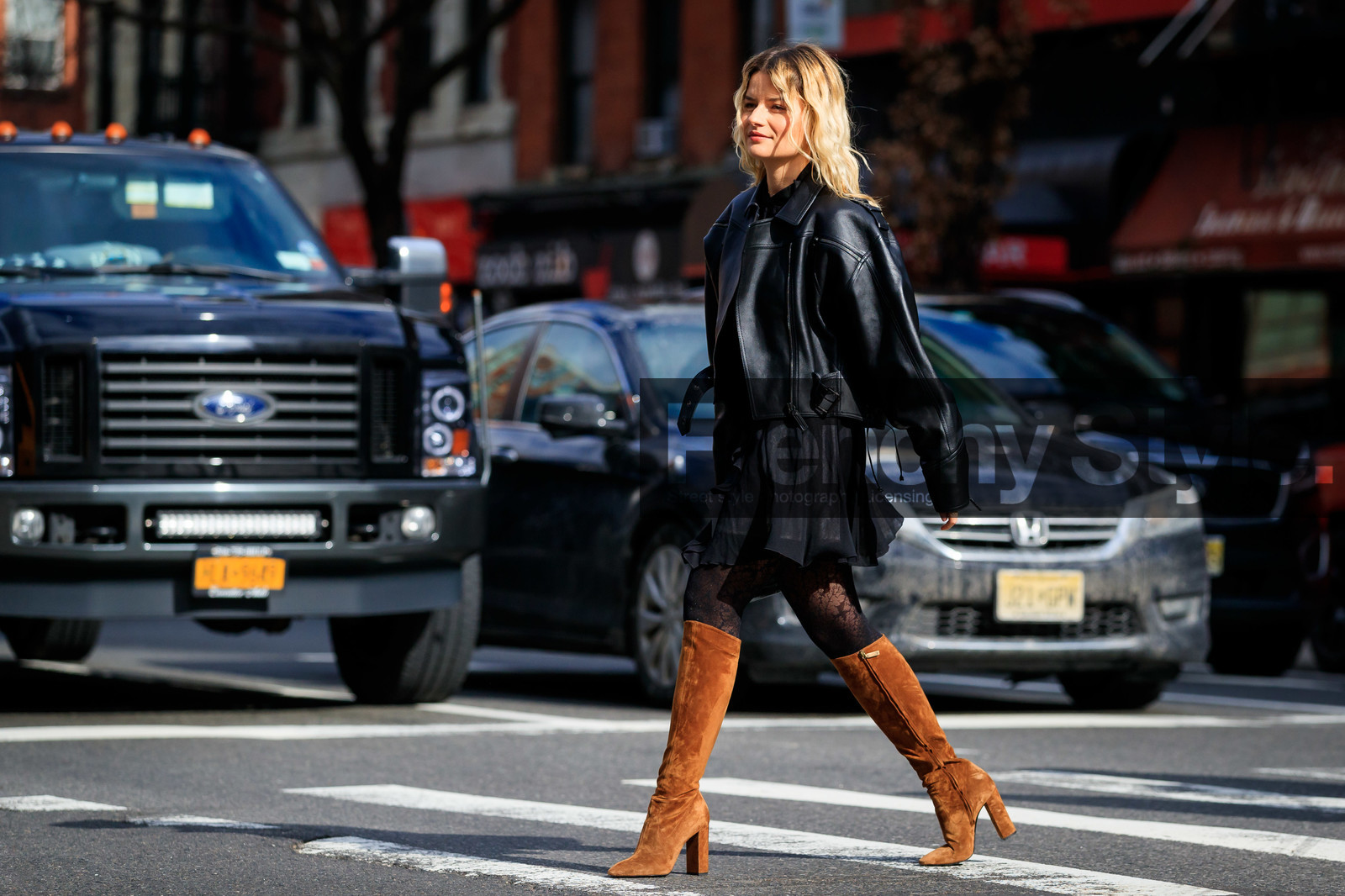 sabina socol, black leather perfecto, black dress, black tights, camel suede boots, high boots, high heels boots, longchamp jacket, oversize perfecto, fashion week, frenchystyle, FW, jonathan paciullo, street style, FALL WINTER 2020-2021, AUTUMN WINTER 2020-2021, FW 20-21, horizontal, atmosphere details, full length, NYFW, NEW YORK