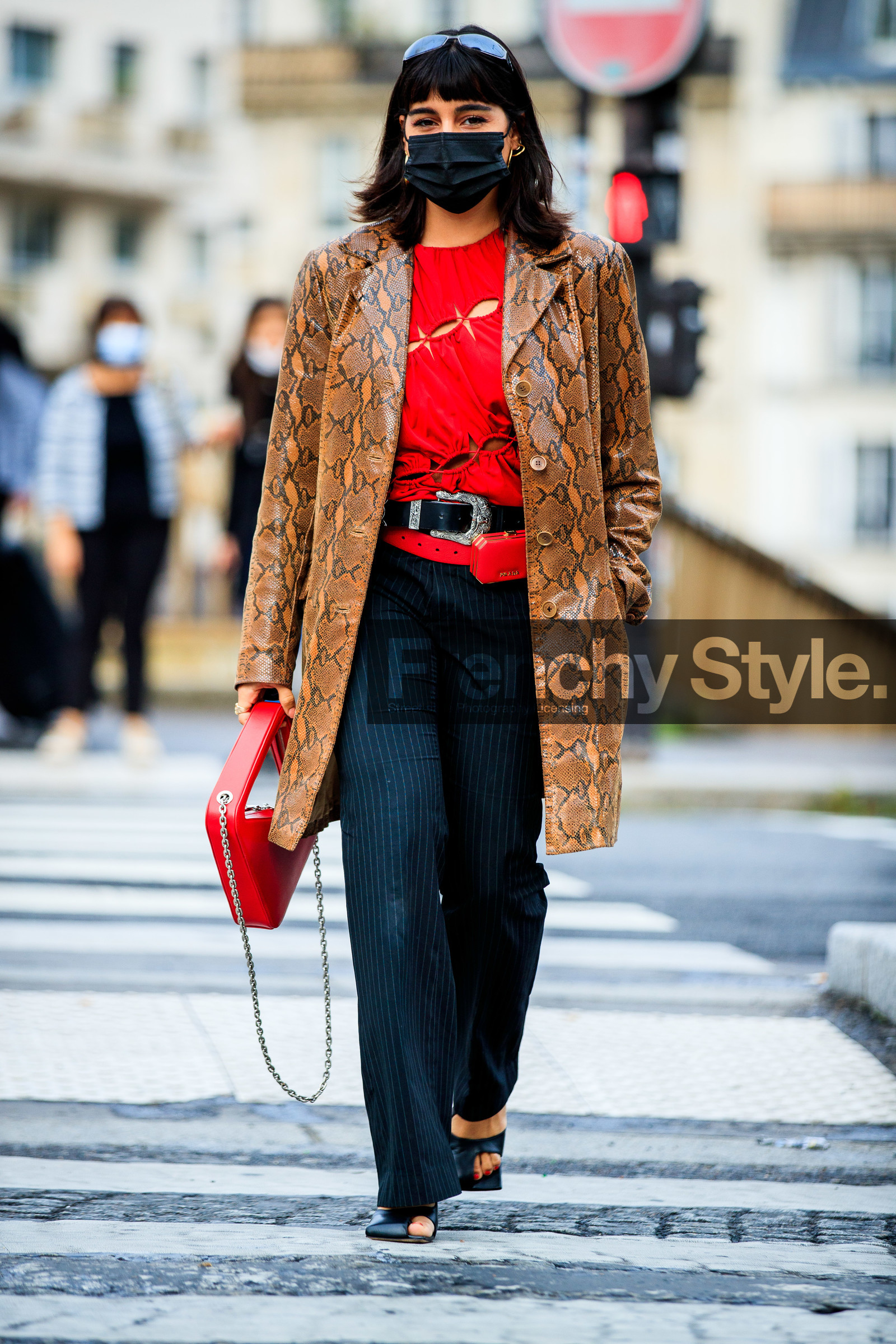 maria bernad, red top, red blouse, red leather bag, openwork blouse, openwork top, laced blouse, laced top, animal skin jacket, snake skin jacket, camel leather jacket, camel jacket, leather jacket, long jacket, belted blouse, belted top, black leather belt, cowboy belt, belt bag, prada bag, prada belt, mini bag, square shape bag, silvered chain strap bag, hand bag, hoop earrings, golden earrings, coperni bag, black leather sandals, open toe shoes, squared toe shoes, dark grey pants, striped pants, flare pants, covid face mask, fashion week, frenchystyle, FW, jonathan paciullo, street style, PFW, PARIS, SPRING SUMMER 2021, SS 21, vertical, full length