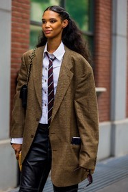 black pants, blazer, boyish, brown blazer, leather pants, shirt, stripes ties, tartan blazer, ties, tomboy look, white shirt, fashion week, frenchystyle, FW, jonathan paciullo, street style, MFW, MILAN, SPRING SUMMER 2022, SS 22, vertical, atmosphere details, detail