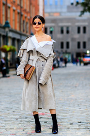 beige coat, black boots, brown bag, fashion week, frenchystyle, full length, FW, high heels, jonathan paciullo, Lainy Hedaya, leather bag, leather shoes, NEW YORK, NYFW, off the shoulder, SPRING SUMMER 2018, SS 18, street style, sunglasses, trench coat, vertical, white shirt
