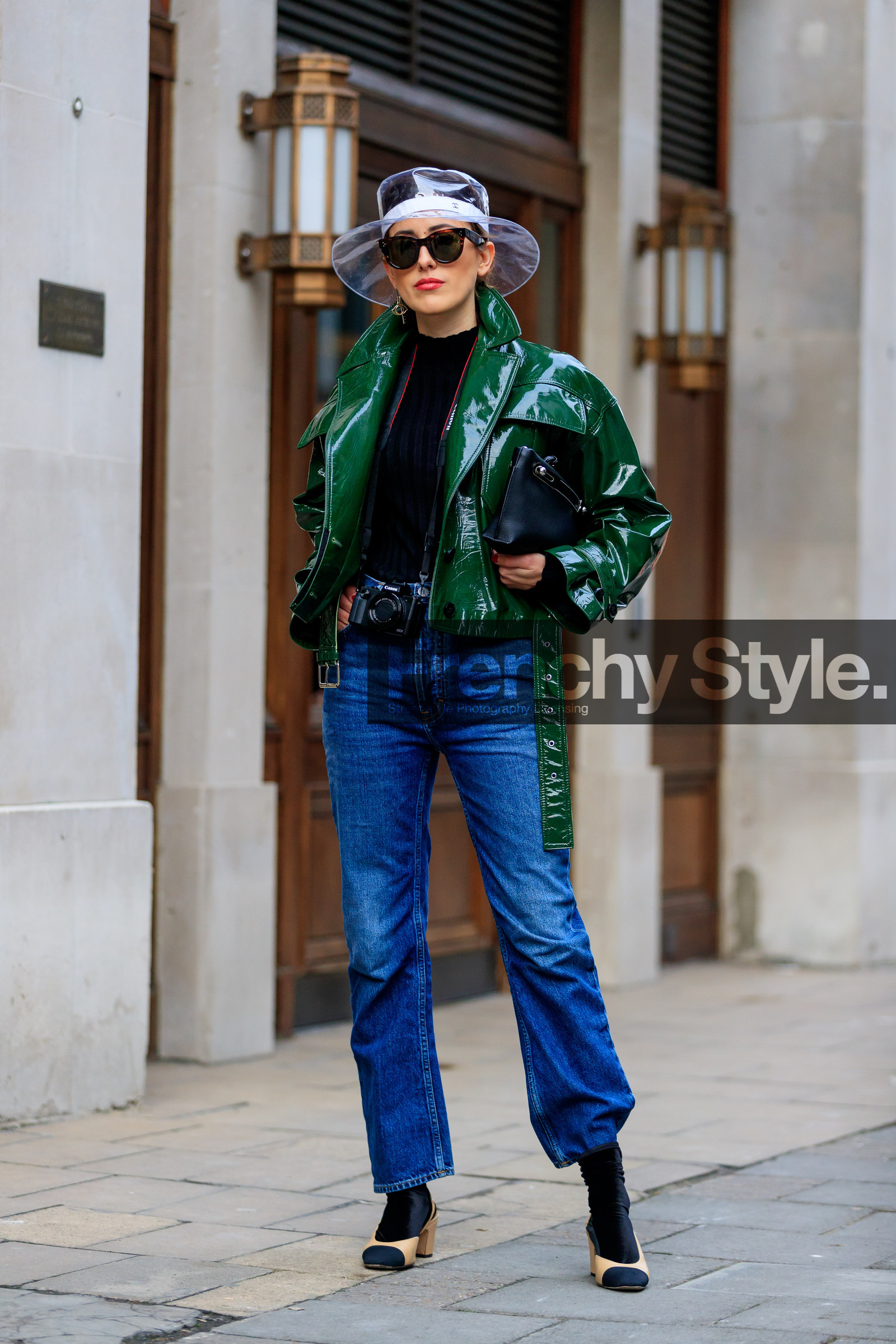 beige shoes, black bag, black sweater, blue denim, camera, chanel, denim pants, green jacket, hermès, high heels, jeans, leather bag, leather jacket, leather perfecto, leather shoes, sunglasses, transparent hat, trousers, street style, jonathan paciullo, FW, frenchystyle, fashion week, LFW, LONDON, AUTUMN WINTER 2018-2019, AW 18-19, FALL WINTER 2018-2019, FW 18-19, vertical, full length, sylvia haghjoo