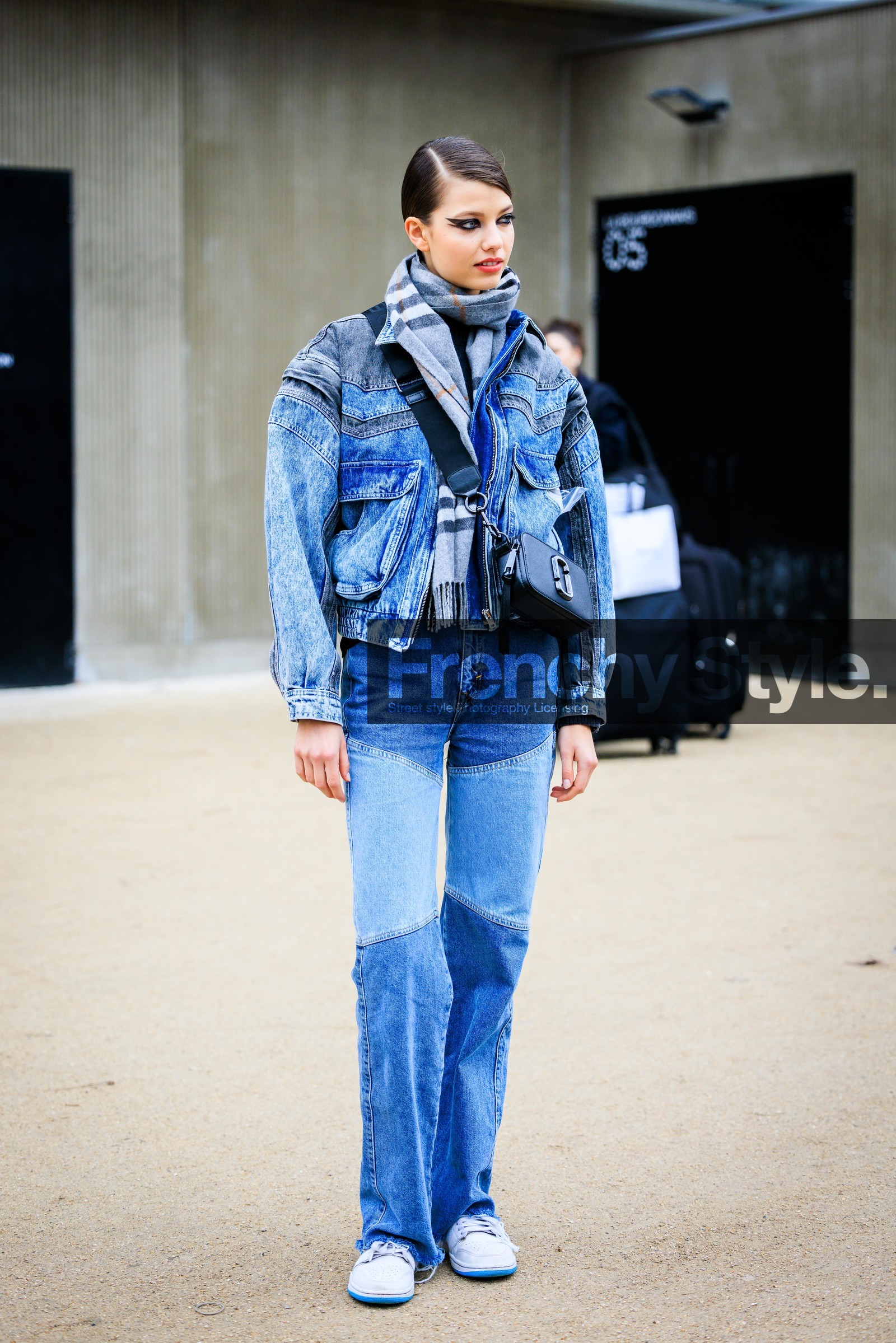 chanel, plaid scarf, grey scarf, smoky eyes, denim jacket, marcjacobs bag, black handbag, crossbody bag, denim jeans, dual toned jeans, white sneakers, fashion week, frenchystyle, FW, jonathan paciullo, street style, PARIS, PFW, SPRING SUMMER 2022, SS 22, full length, vertical, model
