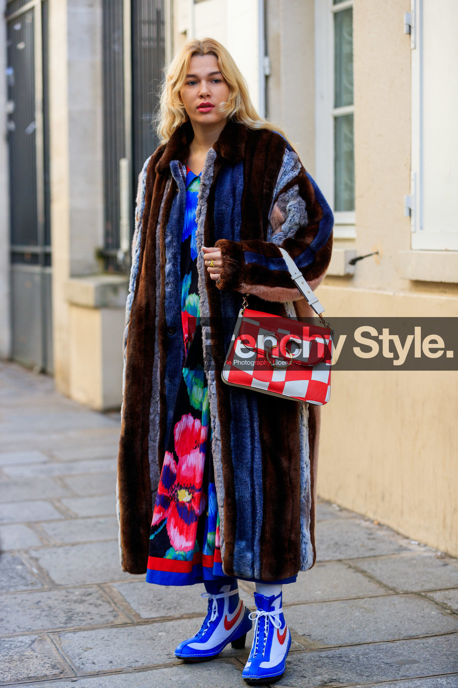 striped coat, fur coat, brown coat, blue coat, blue dress, blue leather shoes, blue leather boots, blue leather sneakers, nike shoes, kitten heels shoes, kitten heels boots, laced boots, floral printed dress, pink dress, black dress, multicolor dress, red leather bag, white leather bag, bicolor bag, checked bag, j w anderson bag, long dress, fashion week, frenchystyle, FW, jonathan paciullo, street style, PFW, PARIS, AUTUMN WINTER 2020-2021, FALL WINTER 2020-2021, FW 20-21, vertical, full length