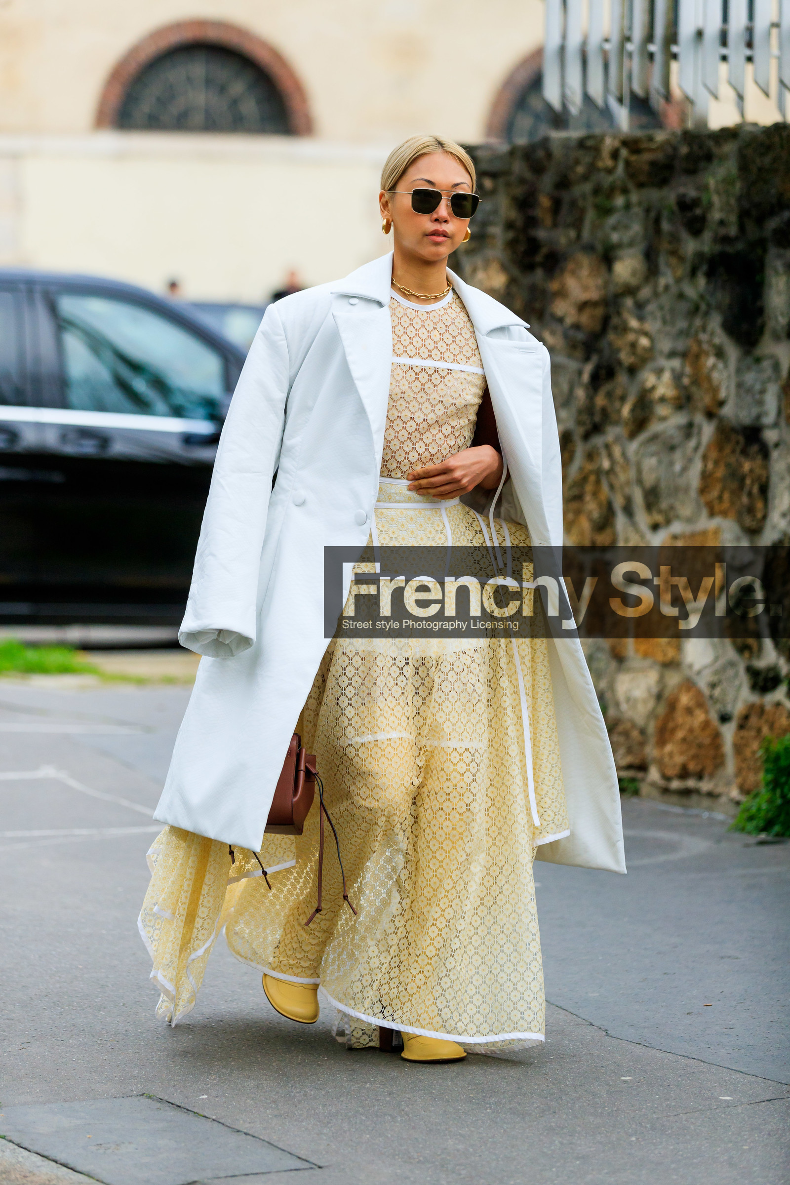 vanessa hong, white coat, white dress, floral embroidered dress, long dress, sheer dress, golden necklace, golden earrings, metalic frame sunglasses, aviator sunglasses, striped dress, big chain necklace, celine earrings, loewe dress, fashion week, frenchystyle, FW, jonathan paciullo, street style, PFW, PARIS, AUTUMN WINTER 2020-2021, FALL WINTER 2020-2021, FW 20-21, vertical, full length