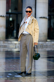sophia roe, light beige jacket, light beige perfecto, white shirt, grey pants, carrot pants, green leather bag, animal skin bag, square shape bag, box bag, golden chain strap bag, celine sunglasses, futurist shape sunglasses, butterfly sunglasses, black sunglasses, black leather loafers, fashion week, frenchystyle, FW, jonathan paciullo, street style, PFW, PARIS, vertical, full length