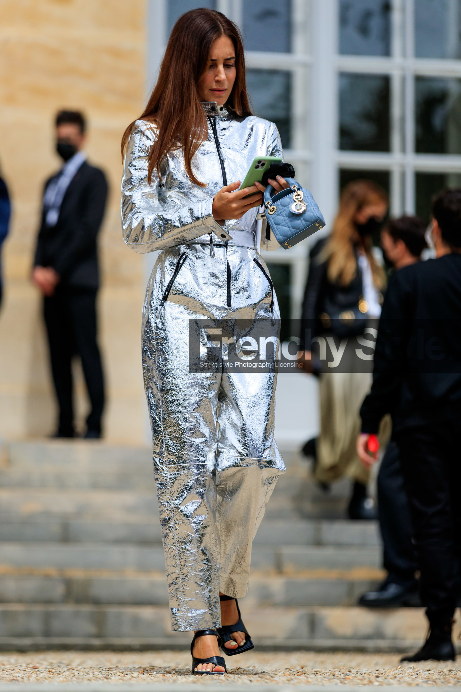silvered jumpsuit, long sleeves jumpsuit, zipped jumpsuit, lady dior bag, blue leather bag, quilted bag, mini bag, hand bag, dior bag, black leather sandals, dior jumpsuit, blue bag, leather bag, belted jumpsuit, gala gonzalez, fashion week, frenchystyle, FW, jonathan paciullo, street style, PFW, PARIS, AUTUMN WINTER 2021-2022, FALL WINTER 2021-2022, FW 21-22, vertical, full length