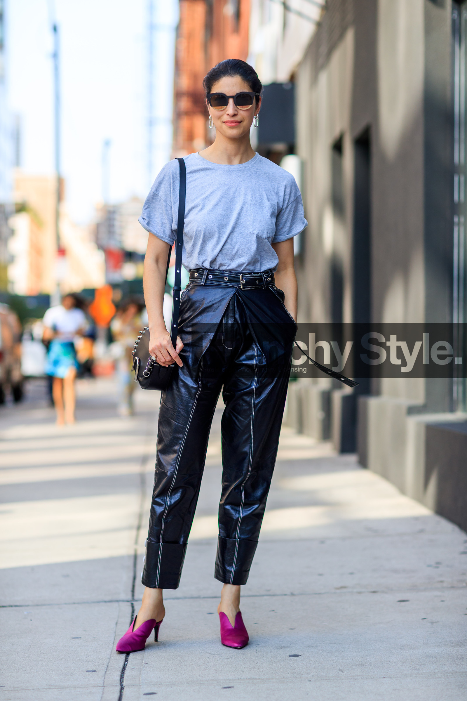 black bag, black pants, caroline issa, fashion week, frenchystyle, full length, FW, grey t shirt, high waist, jonathan paciullo, leather bag, leather pants, leather shoes, NEW YORK, NYFW, purple shoes, SPRING SUMMER 2018, SS 18, street style, sunglasses, trousers, vertical