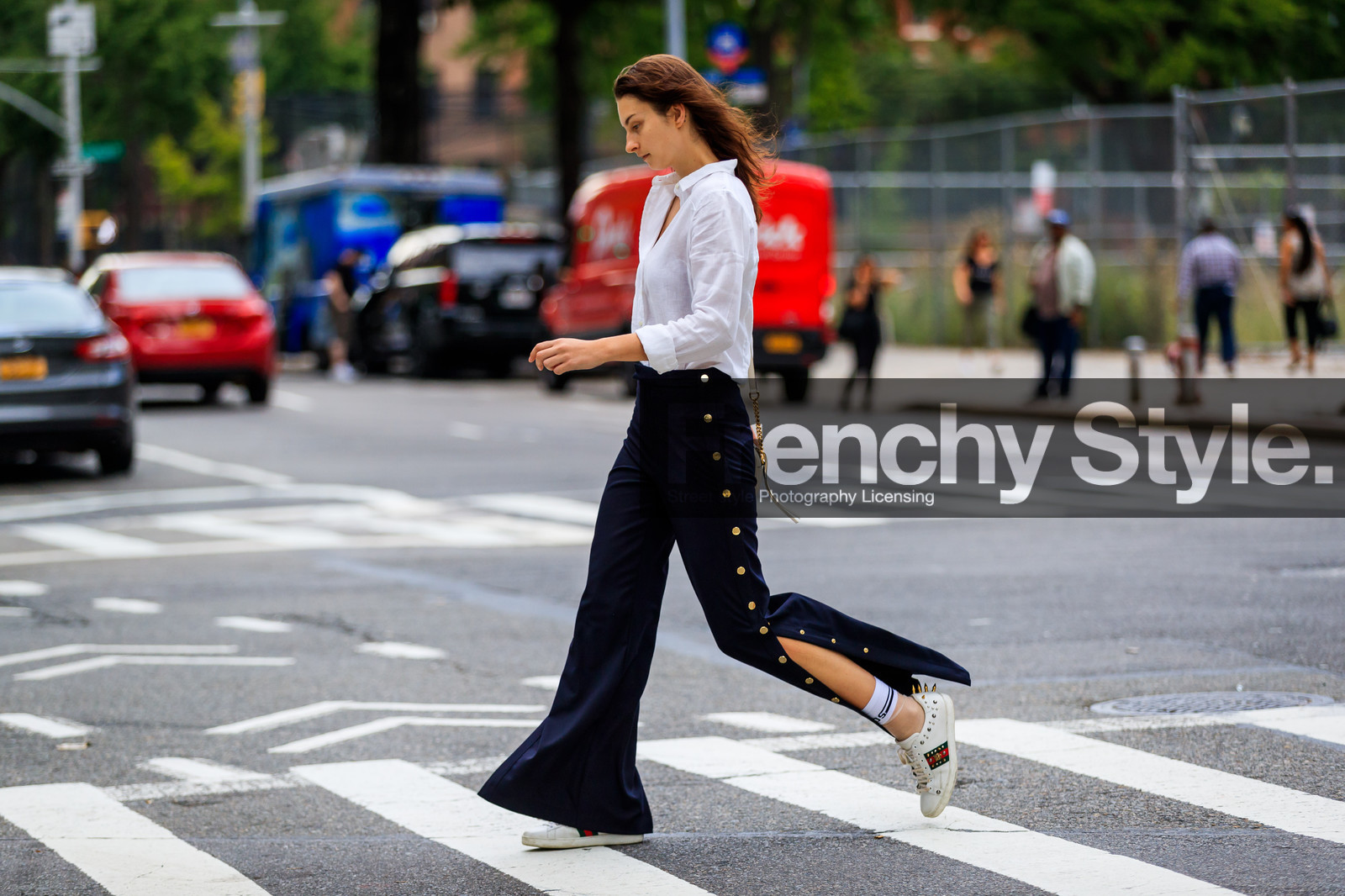 atmosphere details, black pants, fashion week, frenchystyle, full length, FW, gucci, horizontal, jonathan paciullo, leather shoes, model, NEW YORK, NYFW, SPRING SUMMER 2018, SS 18, street style, trousers, white shirt, white sneakers