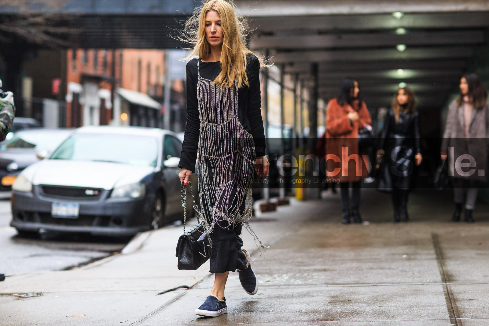 2.55 bag, Adi Heyman, atmosphere details, AUTUMN WINTER 2016-2017, AW 16-17, black bag, black dress, blue slippers, chains, chanel, fashion week, frenchystyle, full length, FW, FW 16-17, horizontal, jonathan paciullo, leather bag, long dress, metallic dress, NEW YORK, NYFW, street style, woman