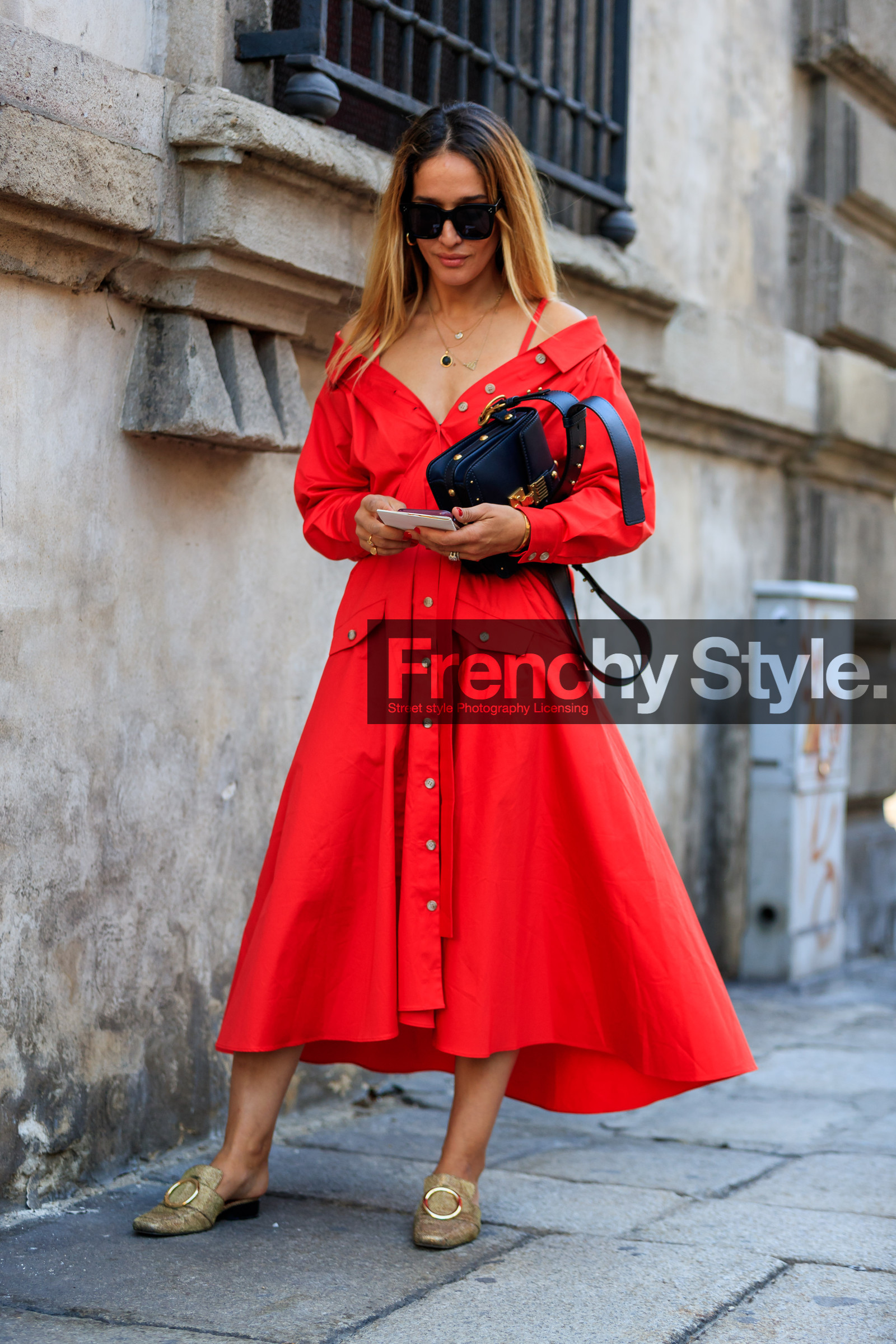 black bag, christian dior, fashion week, frenchystyle, full length, FW, golden shoes, jonathan paciullo, leather bag, leather shoes, MFW, MILAN, red dress, shiny shoes, SPRING SUMMER 2018, SS 18, street style, sunglasses, tiany kiriloff, vertical