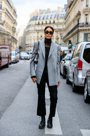 brittany xavier, light green jacket, black blouse, black denim pants, lace blouse, high collar blouse, black sunglasses, butterfly sunglasses, versace sunglasses, chanel bag, sheer bag, plastic bag, shoulder bag, chain strap bag, flat boots, black leather boots, low boots, big sole boots, PARIS, PFW, SPRING SUMMER 2020, SS 20, fashion week, frenchystyle, FW, jonathan paciullo, street style, vertical, full length