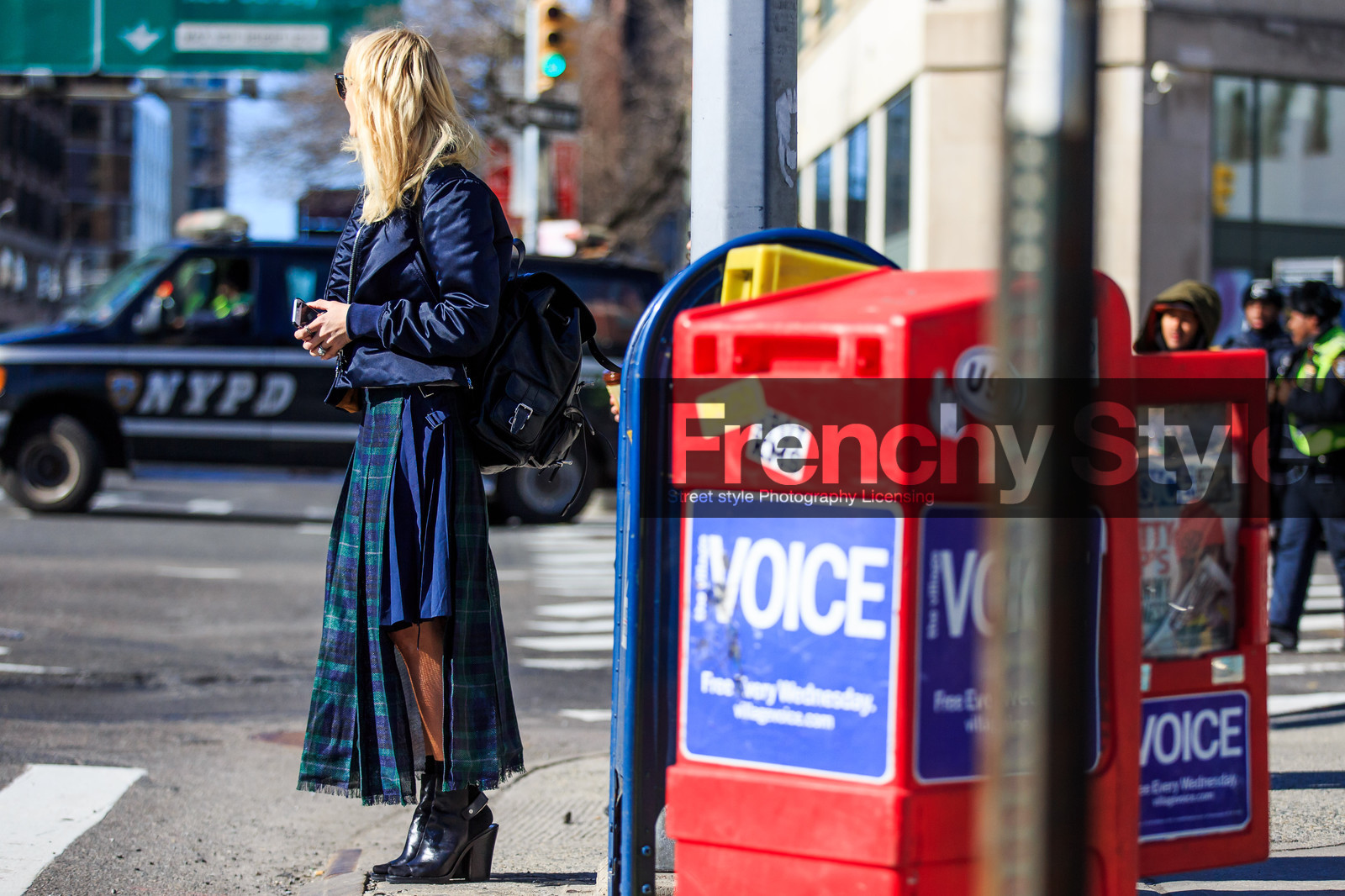 atmosphere details, AUTUMN WINTER 2016-2017, AW 16-17, backpack, black bag, black boots, blue jacket, blue scarf, blue skirt, bomber jacket, checked skirt, fashion week, frenchystyle, full length, FW, FW 16-17, graphic skirt, high heels, horizontal, jonathan paciullo, leather backpack, leather boots, NEW YORK, NYFW, pleated skirt, street style, striped skirt, sunglasses, tartan, woman