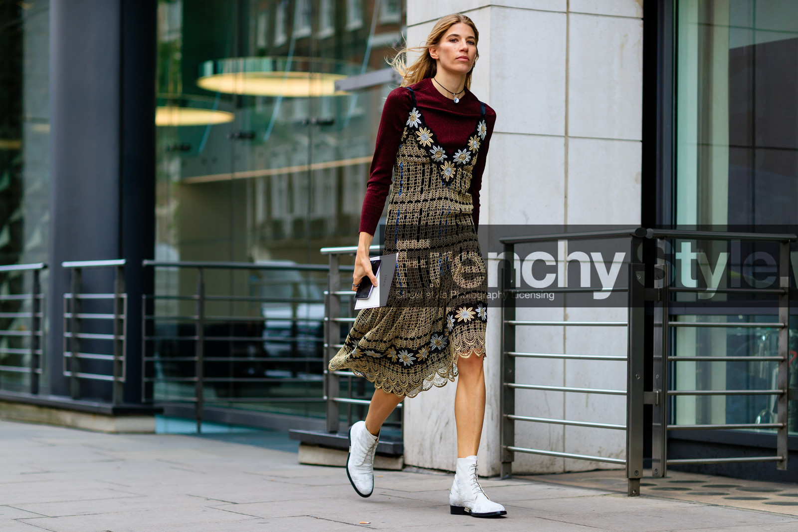 atmosphere details, beige dress, bordeaux, burgundy, embroidered dress, fashion week, floral, flower, frenchystyle, full length, FW, horizontal, jonathan paciullo, leather shoes, LFW, LONDON, red sweater, SPRING SUMMER 2017, SS 17, street style, veronika heilbrunner, white boots, woman