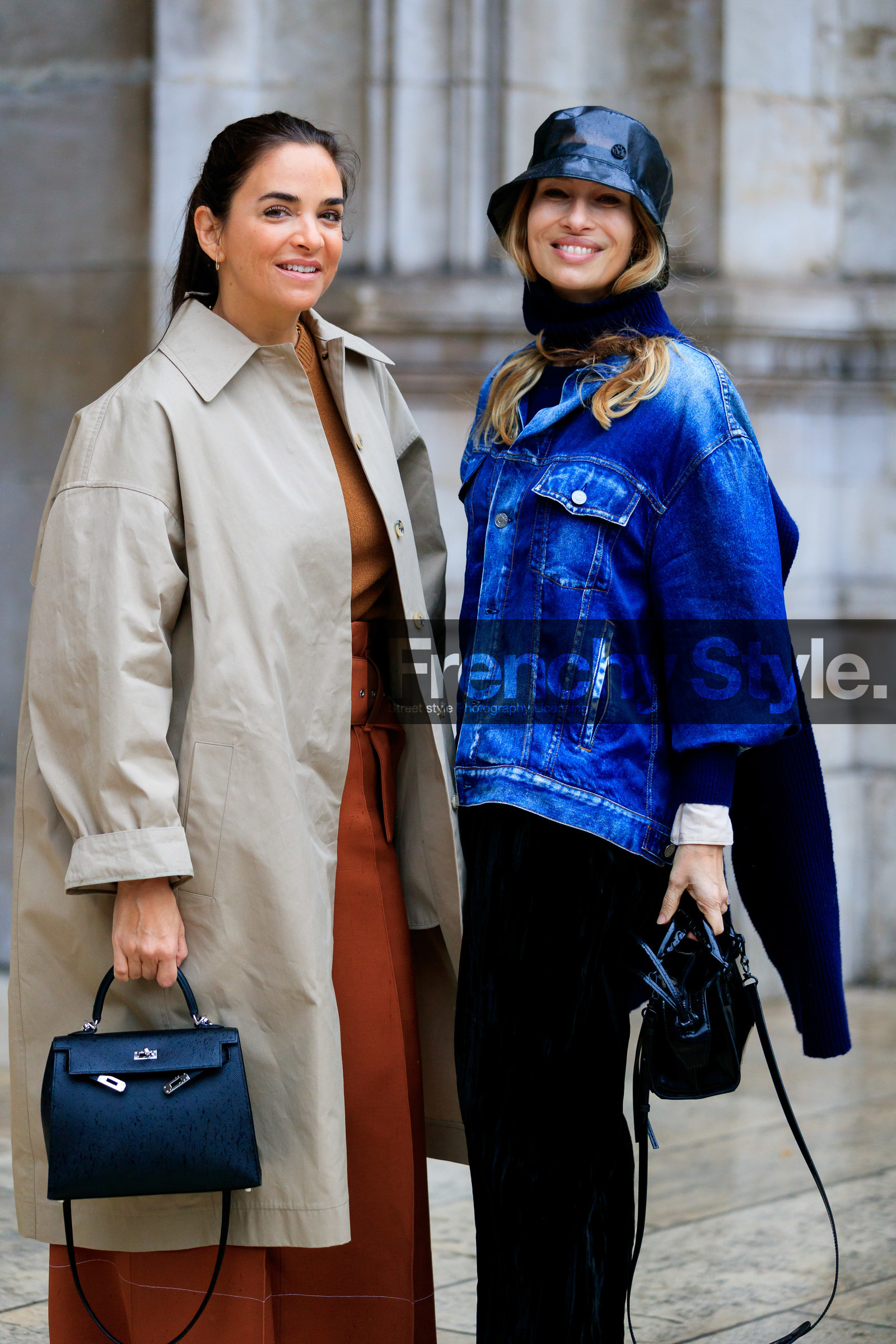 laure heriard dubreuil, alexandra golovanoff, light beige trench coat, camel pullover, camel pants, black leather bag, hand bag, hermes bag, kelly hermes bag, black hat, black pants, black polish bag, mini bag, balenciaga bag, sheer hat, plastic hat, maison michel hat, denim, denim jacket, blue jacket, blue pullover, knit jacket, asymetrical jacket, velvet pants, stella mccartney jacket, fashion week, frenchystyle, FW, jonathan paciullo, street style, PFW, PARIS, vertical, atmosphere details, detail