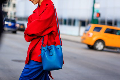 blue bag, blue pants, leather bag, mansur gabriel, red jacket, trousers, street style, jonathan paciullo, FW, frenchystyle, fashion week, NYFW, NEW YORK, AUTUMN WINTER 2018-2019, AW 18-19, FALL WINTER 2018-2019, FW 18-19, atmosphere details, horizontal, detail, jenny walton