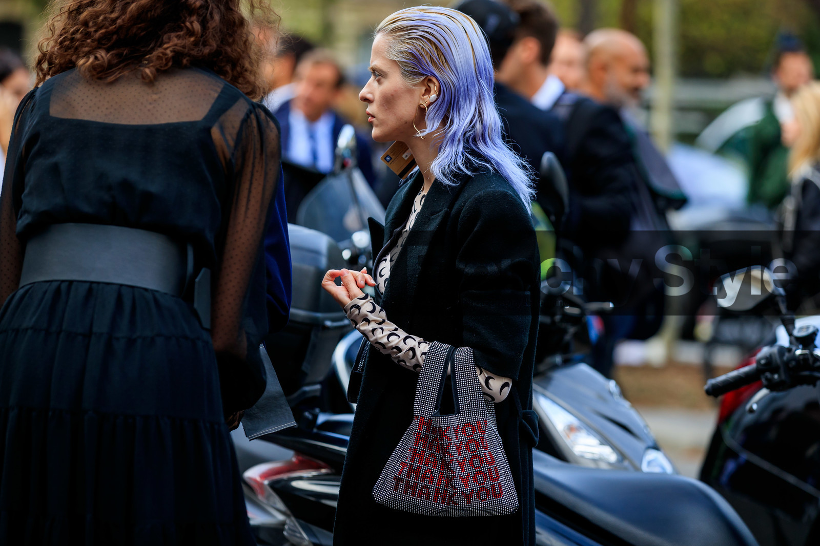 purple hair, dyed hair, dangling earrings, multi earrings, golden earrings, marine serre top, nude top, monogrammed top, printed top, metal bag, metalic bag, studs details bag, red bag, hand bag, letter printed bag, black coat, fashion week, frenchystyle, FW, jonathan paciullo, street style, SPRING SUMMER 2020, SS 20, PFW, PARIS, horizontal, detail