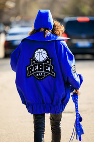 blue hood, silver, blue jacket, logo jacket, back details, black shorts, leather shorts, white boxers, blue handbag, basketball jacket, karina nigay, fashion week, frenchystyle, FW, jonathan paciullo, street style, vertical, atmosphere details, detail