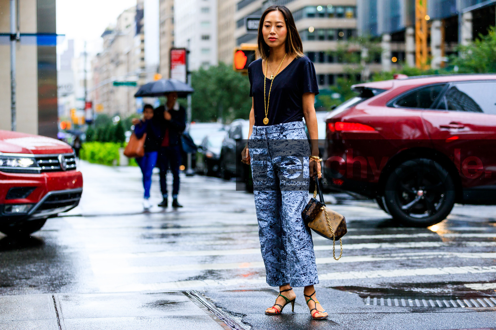 aimee song, black t shirt, brown bag, graphic bag, graphic pants, grey pants, high heels, leather bag, leather shoes, louis vuitton, mini bag, monogram, multicolor shoes, necklace, printed bag, printed pants, trousers, velvet, street style, jonathan paciullo, FW, frenchystyle, fashion week, NYFW, NEW YORK, SPRING SUMMER 2019, SS 19, atmosphere details, horizontal, full length