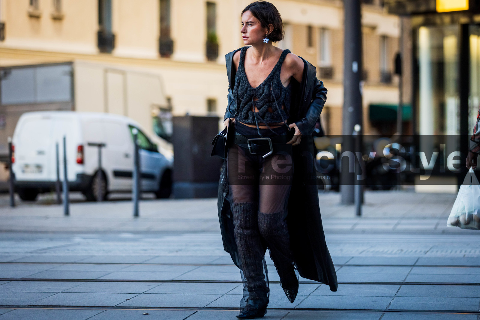 acne studios looks, belt, black belt, black boots, black coat, coat, fringes, grey knitwear, knitwear, large belt, leather coat, long coat, Marta Cygan, socks, transparent, wool socks, street style, jonathan paciullo, FW, frenchystyle, fashion week, PFW, PARIS, SPRING SUMMER 2022, SS 22, horizontal, atmosphere details, full length