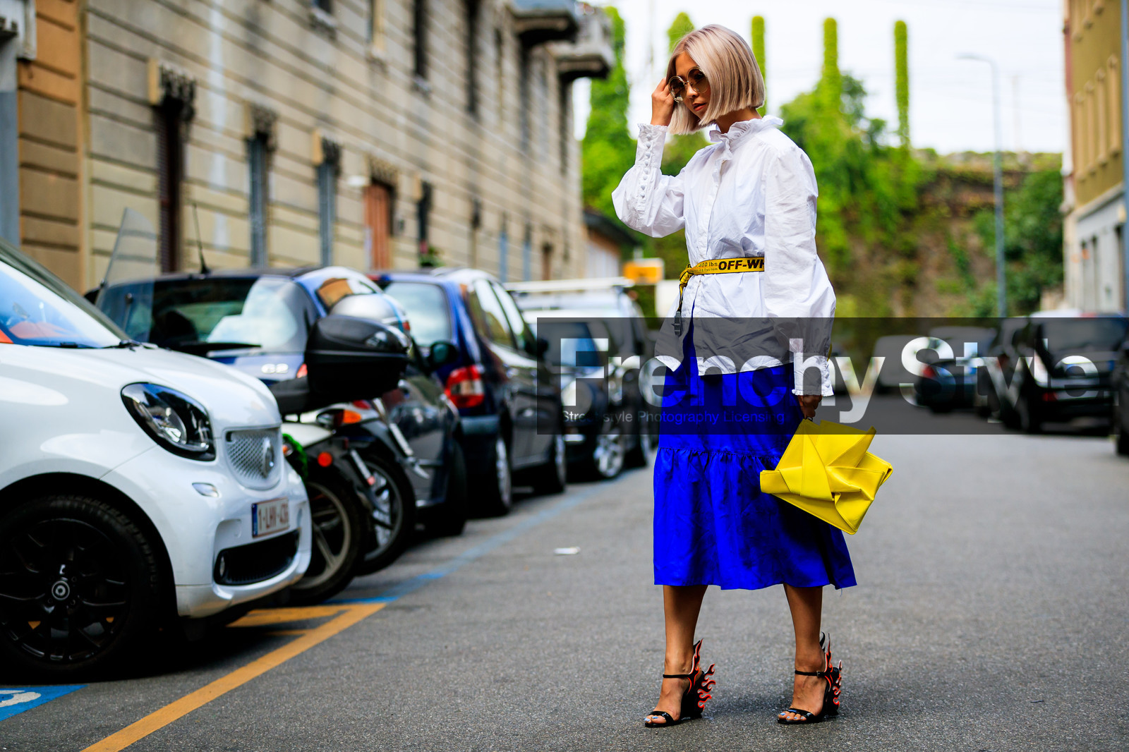 black shoes, blue skirt, high heels, leather bag, leather shoes, loewe, off white, prada, sunglasses, white shirt, yellow bag, yellow belt, fashion week, frenchystyle, FW, jonathan paciullo, street style, MFW, MILAN, SPRING SUMMER 2019, SS 19, atmosphere details, horizontal, full length