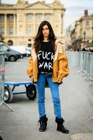 printe tshirt, fuck war, bomber jacket, leather jacket, mustard jacket, dual toned jacket, black boots, denim, skinny jeans, chiara totire, fashion week, frenchystyle, FW, jonathan paciullo, street style, AUTUMN WINTER 2022-2023, FALL WINTER 2022_2023, FW 22-23, PFW, PARIS, vertical, full length