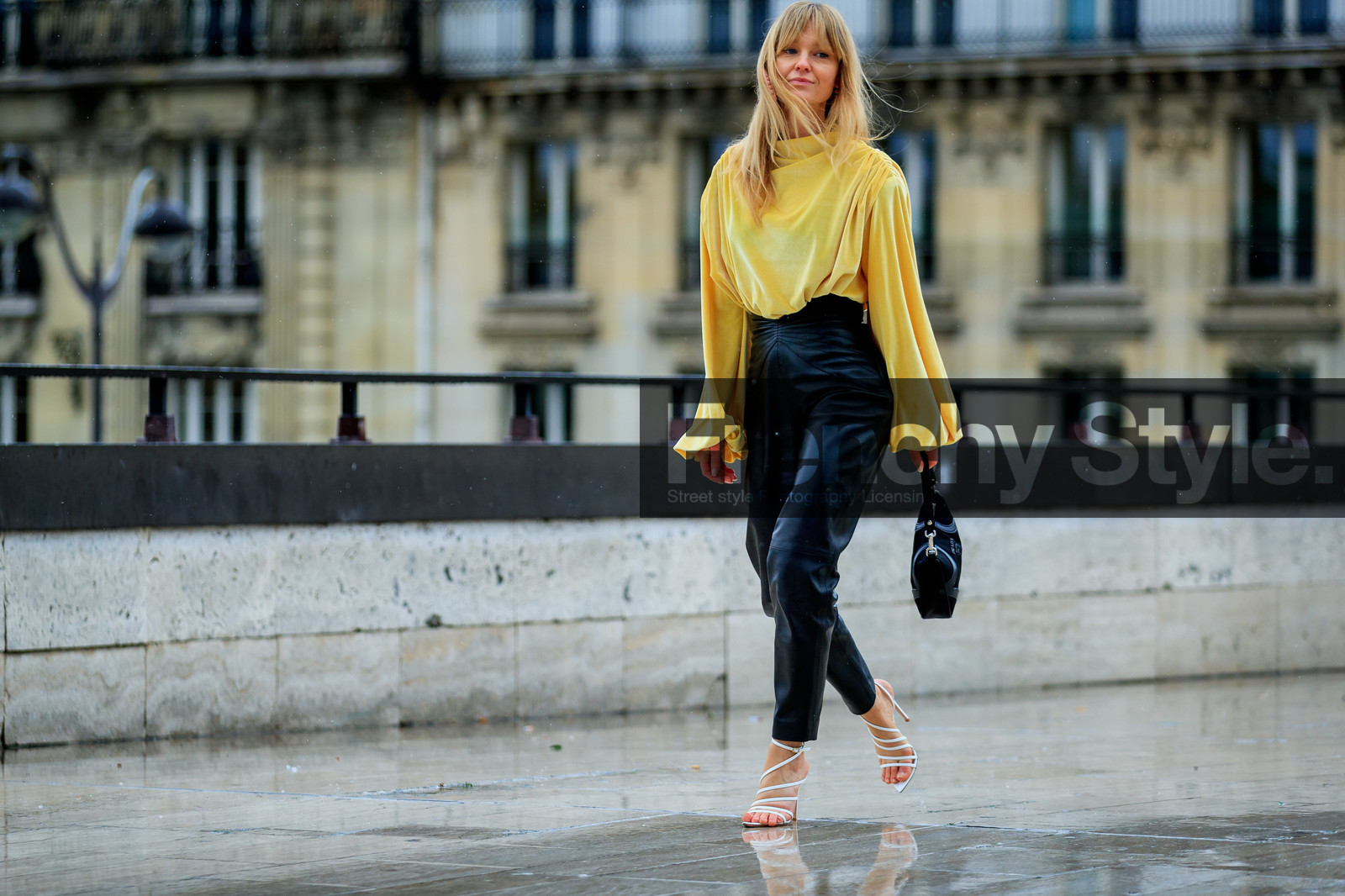 jeanette madsen, prada bag, light yellow blouse, velvet blouse, drape blouse, long sleeves blouse, black leather bag, black leather pants, hand bag, white leather sandals, multi straps sandals, high heels sandals, high waist pants, fashion week, frenchystyle, FW, jonathan paciullo, street style, PFW, PARIS, horizontal, atmosphere details, full length