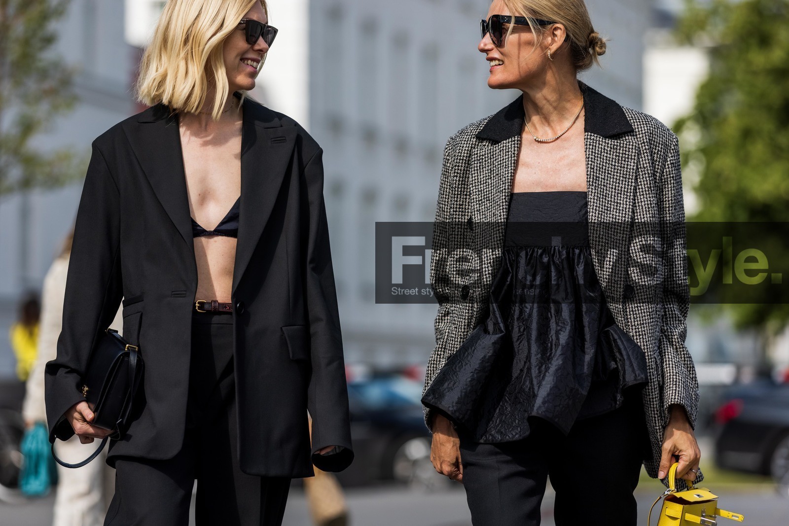 black jacket, black bra, black pants, black top, black sunglasses, cropped top, ruffle top, houndstooth printed jacket, cecilie bahnsen top, embroidered top, diamond necklace, fashion week, frenchystyle, FW, jonathan paciullo, street style, SPRING SUMMER 2022, SS 22, COPENHAGEN, CPHFW, atmosphere details, horizontal