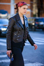 head bandana, red scarf, leather jacket, brown jacket, black pants, orange sneakers, black shirt, black top, casual look, head scarf, fashion week, frenchystyle, FW, jonathan paciullo, street style, vertical, atmosphere details, detail
