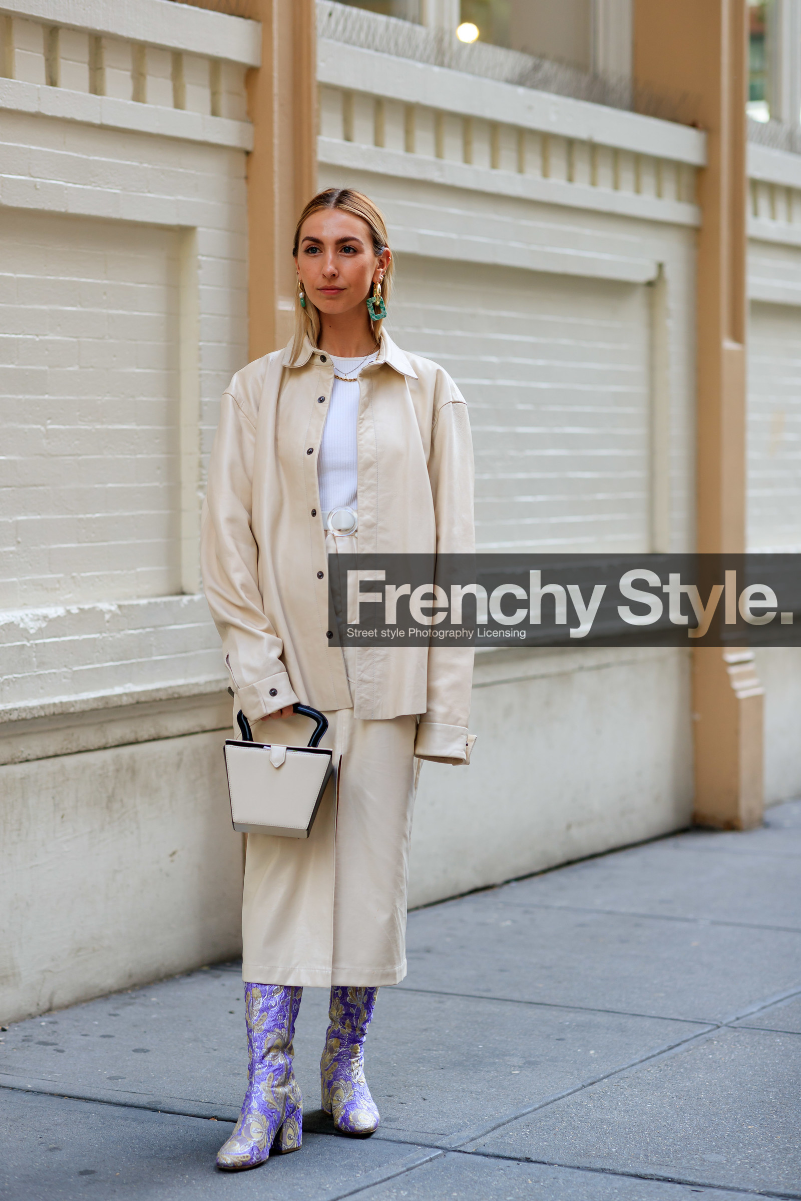 beige bag, beige jacket, beige skirt, brocard boots, earrings, graphic shoes, high boots, high heels, leather bag, leather jacket, leather shoes, leather skirt, necklace, printed shoes, purple boots, silver shoes, white bag, white t shirt, street style, jonathan paciullo, FW, frenchystyle, fashion week, NEW YORK, NYFW, SPRING SUMMER 2020, SS 20, vertical, full length
