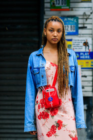 atmosphere details, blue denim, denim jacket, detail, fashion week, floral, flowers, frenchystyle, FW, graphic dress, jonathan paciullo, leather bag, NEW YORK, NYFW, printed dress, red bag, red dress, SPRING SUMMER 2018, SS 18, street style, vertical