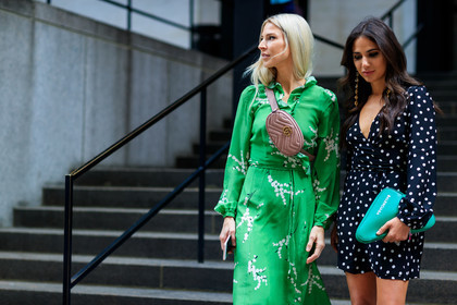 Adi Heyman, atmosphere details, balenciaga, black dress, detail, earrings, fanny pack, fashion week, frenchystyle, FW, graphic bag, graphic dress, green bag, green dress, gucci, horizontal, jonathan paciullo, leather bag, NEW YORK, NYFW, pink bag, polka dot, printed dress, SPRING SUMMER 2018, SS 18, street style
