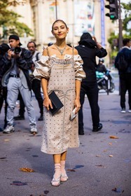 beige dress, clutch, dress, Jenny M Walton, necklace, off-shoulder dress, pink socks, sandals, silver sandals, socks, statement dress, strass, studs, white clutch, fashion week, frenchystyle, FW, jonathan paciullo, street style, PFW, PARIS, SPRING SUMMER 2022, SS 22, vertical, full length