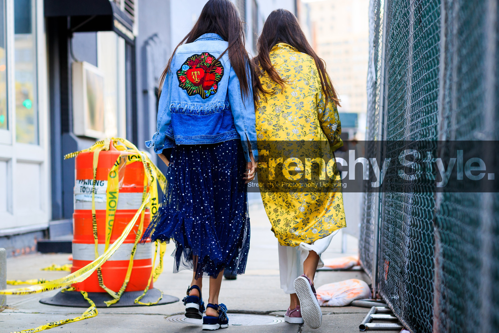 atmosphere details, back detail, blue denim, blue shoes, blue skirt, denim jacket, embroidered jacket, fashion week, frenchystyle, full length, FW, horizontal, jonathan paciullo, leather shoes, NEW YORK, NYFW, pink shoes, printed coat, printed skirt, SPRING SUMMER 2018, SS 18, street style, white pants, yellow coat