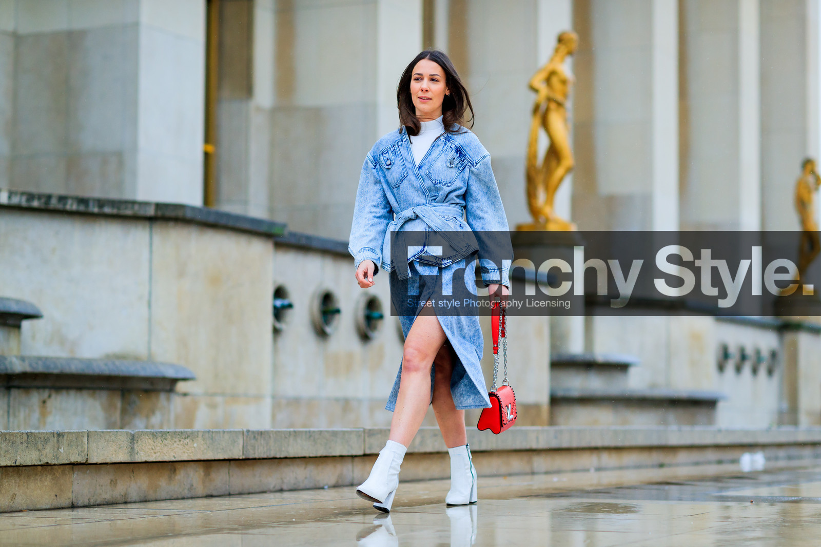 alice & j.s, atmosphere details, AUTUMN WINTER 2017-2018, AW 17-18, blue denim, denim jacket, denim skirt, FALL WINTER 2017-2018, fashion week, frenchystyle, full length, FW, FW 17-18, high heels, horizontal, jonathan paciullo, leather bag, leather shoes, louis vuitton, PARIS, PFW, red bag, street style, white boots