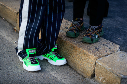 blue pants, graphic pants, green sneakers, gucci, leather shoes, printed pants, stripes, trousers, fashion week, frenchystyle, FW, jonathan paciullo, street style, MFW, MILAN, AUTUMN WINTER 2019-2020, AW 19-20, FALL WINTER 2019-2020, FW 19-20, atmosphere details, detail, horizontal